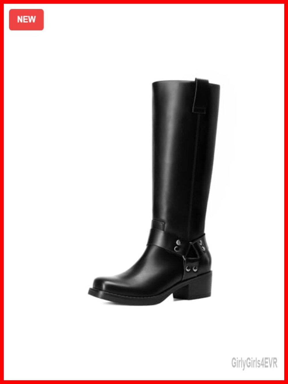 Faux Leather Knee-High Motorcycle Boots Square Toe Block Heel